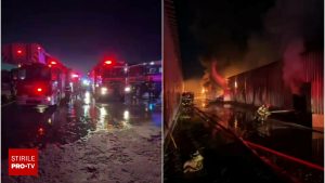 Incendiu devastator la centrul comercial „Dragonul Roșu” din București. Focul a afectat o suprafață de 2.000 de metri pătrați.