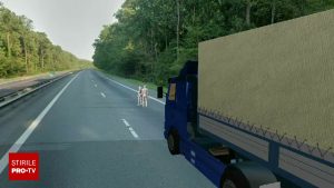 Grafică animată a accidentului de pe A1: bărbatul a privit șoferul de TIR, apoi s-au îmbrățișat și au sărit.