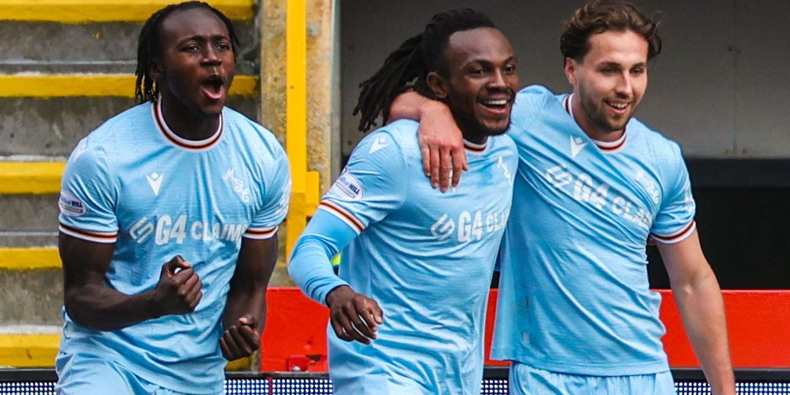ABERDEEEN, SCOTLAND - SEPTEMBER 20: Motherwell's Regan Charles-Cook (centre) celebrates with Emmanuel Longelo (L) and Lukas Fadinger after scoring to make it 1-0 during a Premier Sports Cup Quarter-Final match between Aberdeen and Motherwell at Pittodrie Stadium , on September 20, 2025, in Aberdeen, Scotland. (Photo by Craig Foy / SNS Group)