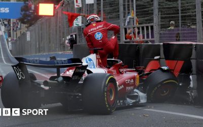 Ferrari's Charles Leclerc climbs out of his car after crashing into the barriers during qualifying for the Azerbaijan Grand Prix