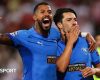 Pepe and Anderson celebrate a Pafos goal at Red Star Belgrade