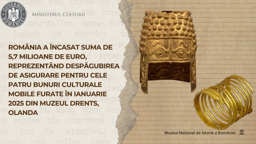 România a încasat suma de 5,7 milioane de euro, reprezentând despăgubirea de asigurare pentru cele patru bunuri culturale mobile furate în ianuarie 2025 din Muzeul Drents, Olanda