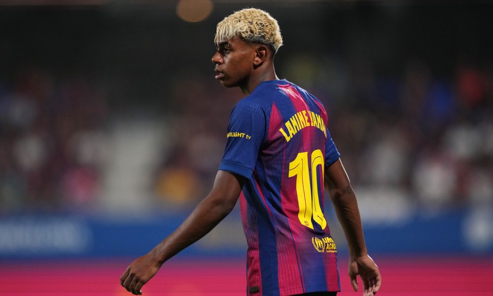 BARCELONA, SPAIN - AUGUST 10: Lamine Yamal of FC Barcelona looks on during the Joan Gamper Trophy match between FC Barcelona and Como1907 at Estadi Johan Cruyff on August 10, 2025 in Barcelona, Spain. (Photo by Alex Caparros/Getty Images)