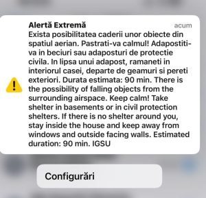 Tulcea: Alerta RO-Alert pentru zona de nord a județului din cauza riscului de cădere a unor obiecte din aeronautică