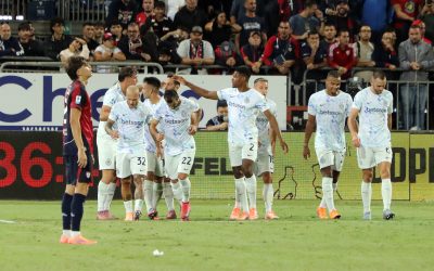 CAGLIARI, ITALY - SEPTEMBER 27: Francesco Esposito of Inter celebrates his goal 0-2 with the team mates during the Serie A match between Cagliari Calcio and FC Internazionale at Stadio Sant