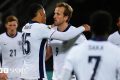 England captain Harry Kane is frustrated after missing a chance against Latvia in Riga.