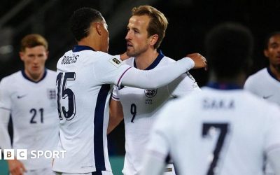 England captain Harry Kane is frustrated after missing a chance against Latvia in Riga.