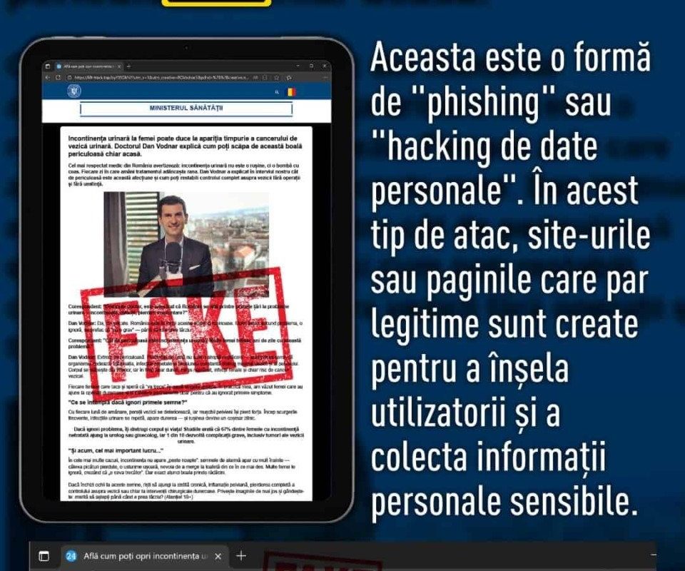 Imaginea președintelui Senatului Universității de Științe Agricole din Cluj utilizată într-o campanie de phishing pentru promovarea unui medicament denumit „Uricystin” – oficial, acesta precizează că nu recomandă produsul și nu are nimic de-a face cu vânzarea sa