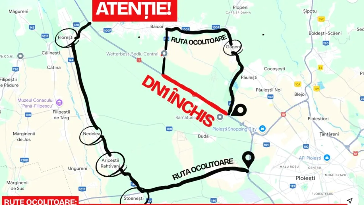 [ad_1] Circulația pe drumul național DN1 va fi închisă temporar între 24 și 27 noiembrie, pentru realizarea unor lucrări de întreținere, informează Mediafax