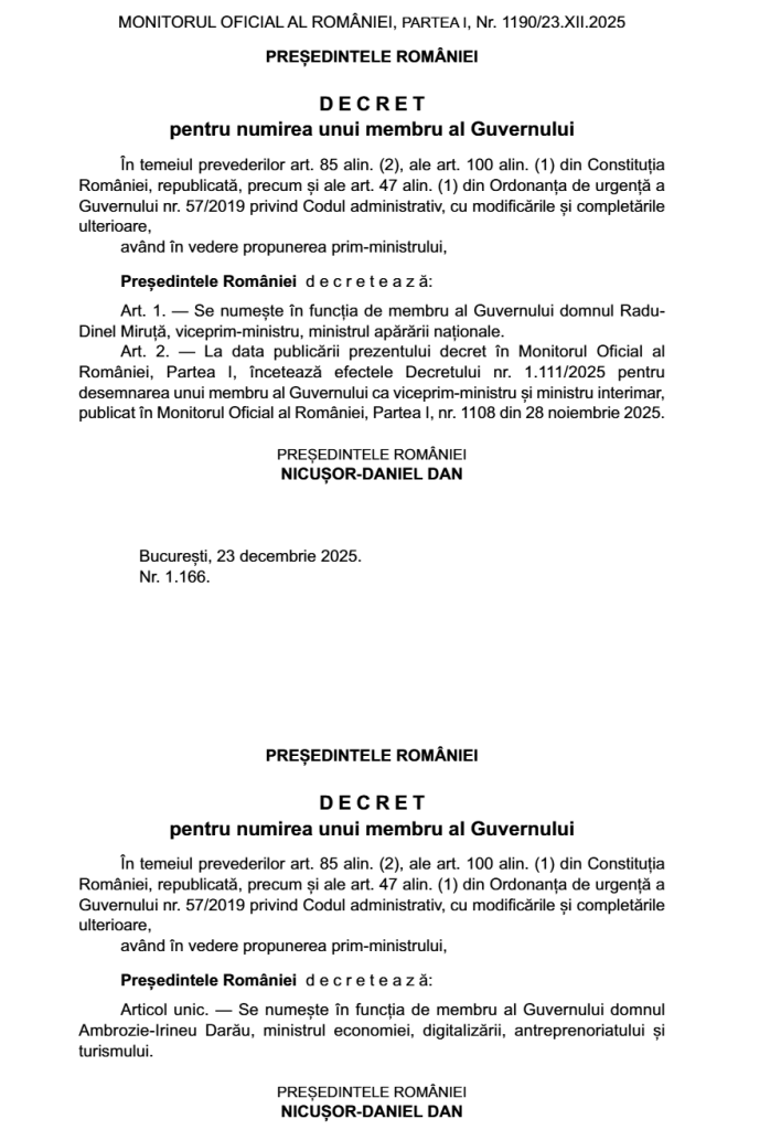 Anunţul numirii noilor miniştri ai Apărării şi Economiei a fost