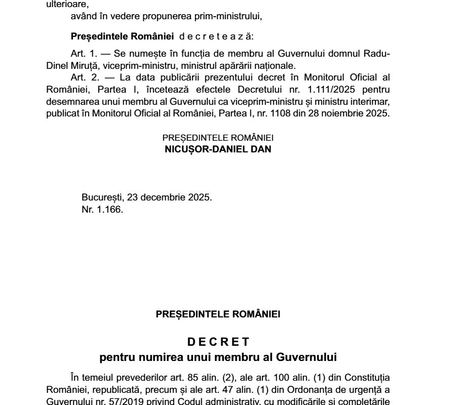 Anunţul numirii noilor miniştri ai Apărării şi Economiei a fost