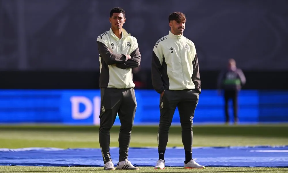Jude Bellingham and Raul Asencio of Real Madrid