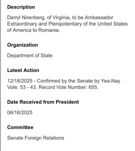 Darryl Nirenberg a fost ratificat ca ambasador american în București / Comunicarea Ambasadei