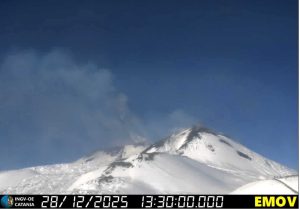 Eruption of Mount Etna once more, covered in snow, spewing lava and ash, with red alert issued for local aircraft