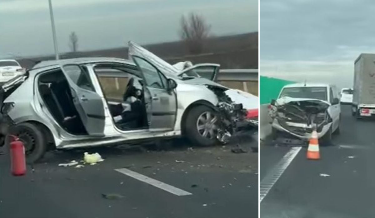 imagine compusă din două cadre care ilustrează avarii majore la două vehicule pe DEx16 Oradea-Borș II. Cadrul din stânga prezintă o mașină hatchback de culoare deschisă, cu partea din față puternic avariată și deformată. Toate ușile laterale din partea stângă sunt deschise, iar lângă roata din spate stânga se află un stingător de incendiu de culoare roșie, culcat pe carosabil. Pe asfalt sunt vizibile resturi și o substanță deschisă la culoare, iar în fundal se observă o altă mașină albă. Cadrul din dreapta arată o mașină ce pare u logan alb, cu avarii severe în partea din față, botul mașinii fiind complet deformat. În fața acesteia, pe carosabil, se află un con portocaliu de dirijare a traficului, iar lângă banda de circulație se vede o balustradă metalică de protecție. În planul depărtat, pe aceeași bandă, este vizibil un camion mare (TIR) și alte vehicule.