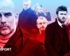 Pep Guardiola and Man Utd managers, with the Man City boss in a red and blue tinted composite picture with Jose Mourinho, Ole Gunnar Solskjaer, Ralf Rangnick, Michael Carrick, Erik ten Hag and Ruben Amorim