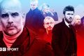 Pep Guardiola and Man Utd managers, with the Man City boss in a red and blue tinted composite picture with Jose Mourinho, Ole Gunnar Solskjaer, Ralf Rangnick, Michael Carrick, Erik ten Hag and Ruben Amorim