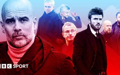 Pep Guardiola and Man Utd managers, with the Man City boss in a red and blue tinted composite picture with Jose Mourinho, Ole Gunnar Solskjaer, Ralf Rangnick, Michael Carrick, Erik ten Hag and Ruben Amorim