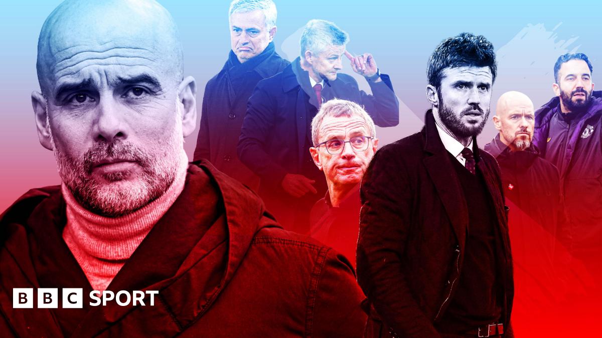 Pep Guardiola and Man Utd managers, with the Man City boss in a red and blue tinted composite picture with Jose Mourinho, Ole Gunnar Solskjaer, Ralf Rangnick, Michael Carrick, Erik ten Hag and Ruben Amorim