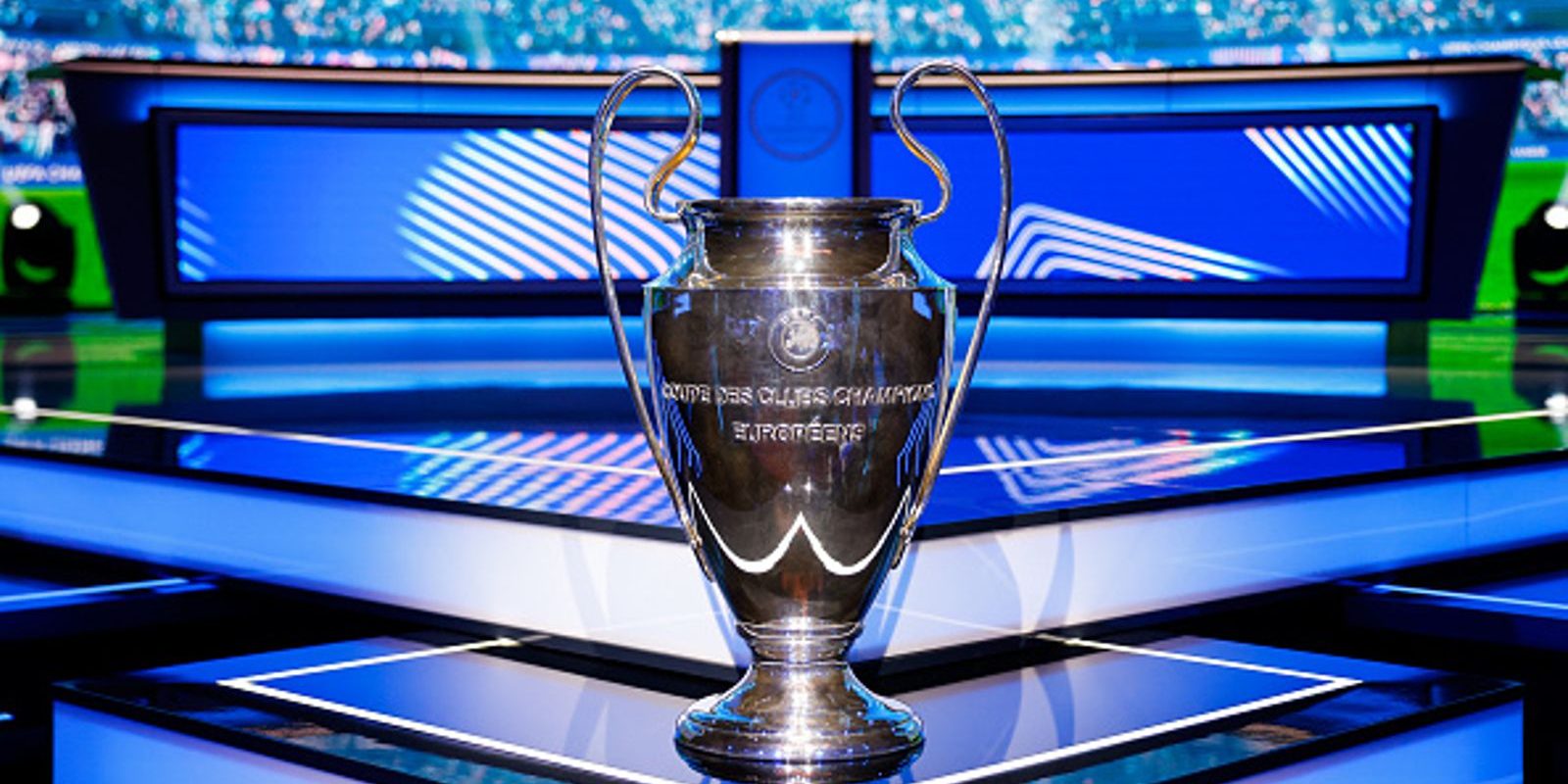 MONACO, MONACO - AUGUST 27: The UEFA Champions League trophy is seen on the stage ahead of the UEFA Champions League 2025/26 League Phase Draw at Grimaldi Forum on August 27, 2025 in Monaco, Monaco. (Photo by Claudio Lavenia - UEFA/UEFA via Getty Images)