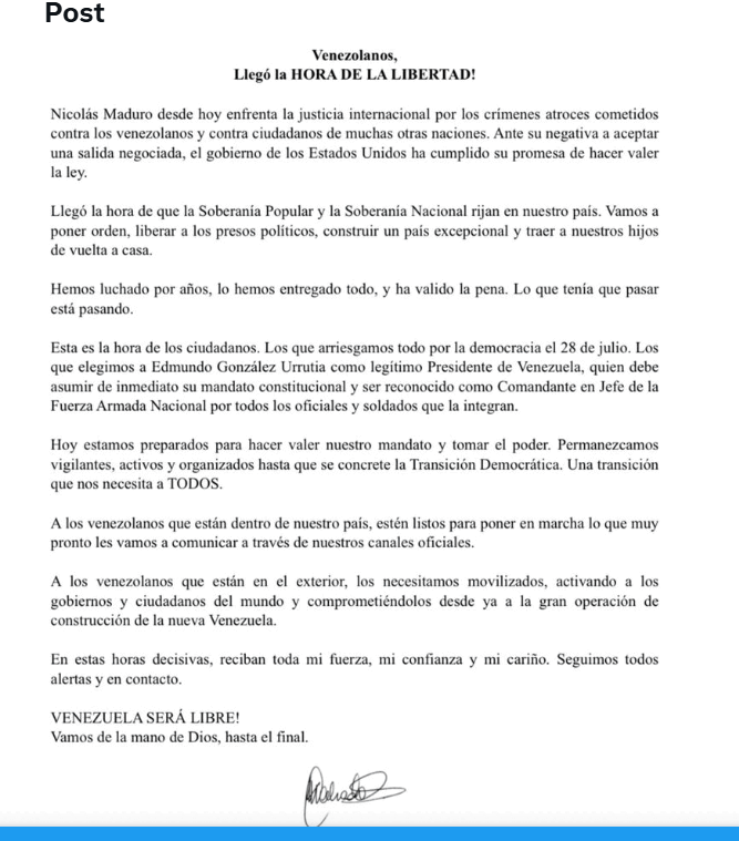 Maria Corina Machado lansează apel la libertate și recunoaște lui Edmundo Gonzalez Urrutia ca președinte legitim al Venezuelei