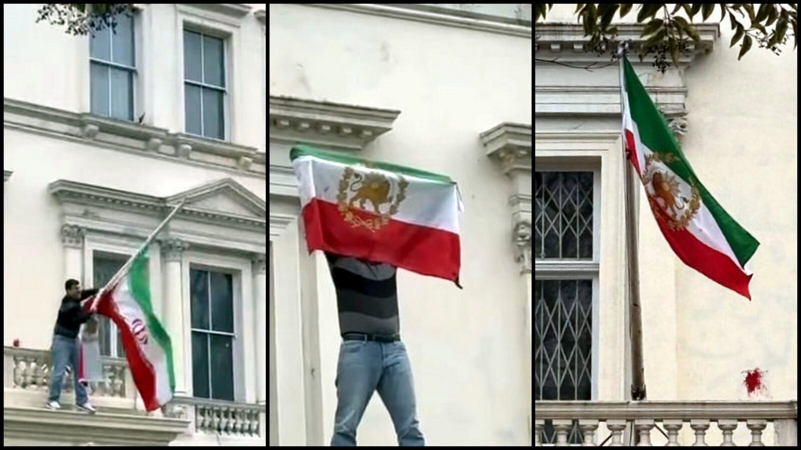 Vandalism simbolic la ambasada Iranului din Londra în timpul protestelor anti-regim Un incident surprinzător s-a petrecut sâmbătă la ambasada Iranului din Londra, unde, pentru scurt timp, drapelul oficial al Republicii islamice a fost înlocuit cu cel al fostului regim monarhic