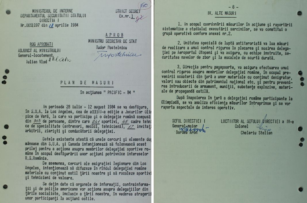 CNSAS a desecretizat planul de supraveghere a sportivilor români la Olimpiada din 1984 Consiliul Național pentru Studierea Arhivelor Securității (CNSAS) a publicat recent, pe pagina sa de Facebook, un document detaliat privind planul de măsuri al Securității pentru supravegherea informativă a sportivilor români care urmau să participe la Jocurile Olimpice de Vară de la Los Angeles din anul 1984