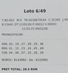 Un botoșănean a câștigat peste 4,5 milioane de euro la Loto 6/49 Un norocos jucător din Botoșani a ridicat astăzi, 9 martie, premiul de categoria I la tragerea Loto 6/49 din 12 februarie 2026