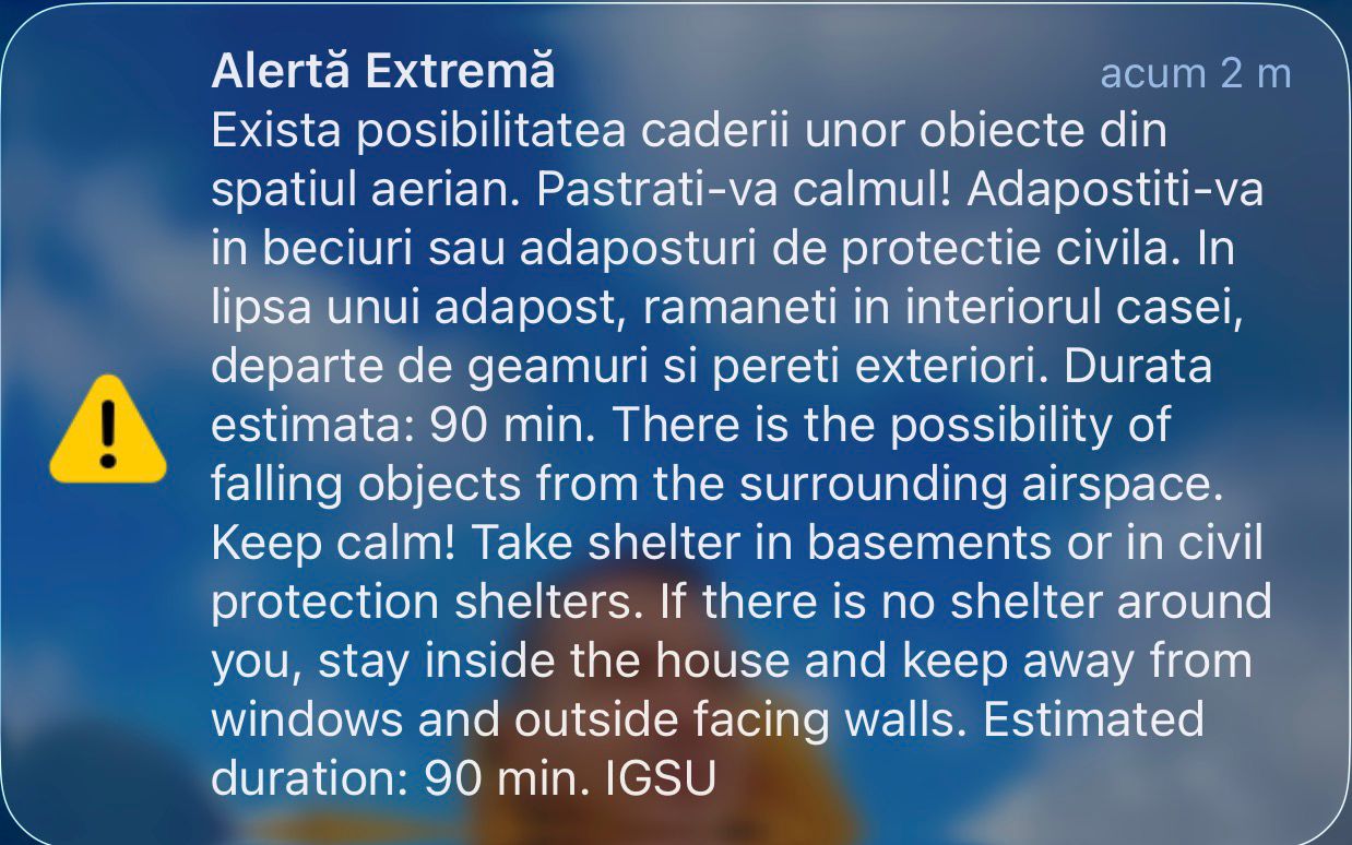 Alertă RO-Alert în Tulcea: Obiecte posibil să cadă din cer Inspectoratul General pentru Situații de Urgență (IGSU) a emis în urmă cu puțin timp un mesaj RO-Alert pentru locuitorii din zona de nord a județului Tulcea
