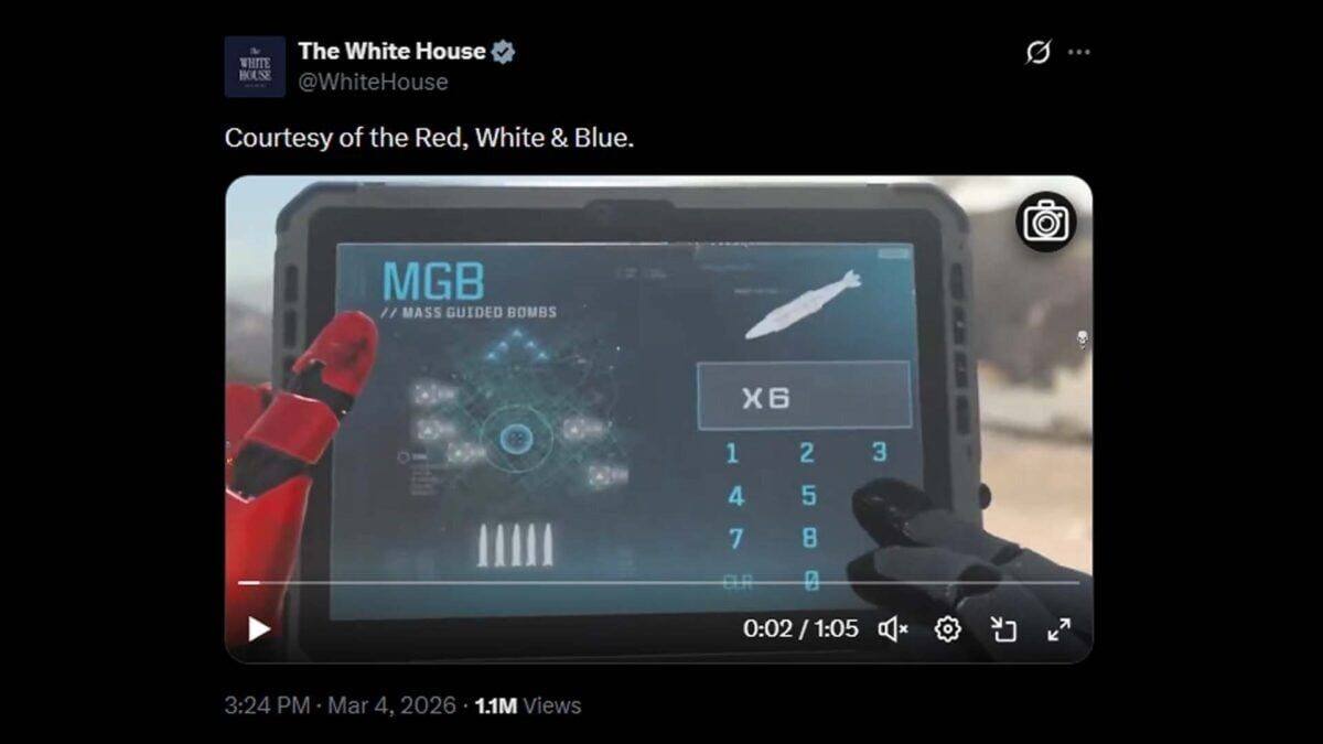 Casa Albă, criticată dur pentru un clip de propagandă inspirat de „Call of Duty” Un videoclip postat pe contul de Twitter al Casei Albe a stârnit controverse majore, fiind criticat pentru că prezintă imagini ale bombardamentelor din Iran, suprapuse cu elemente grafice preluate din jocul video „Call of Duty: Modern Warfare III”
