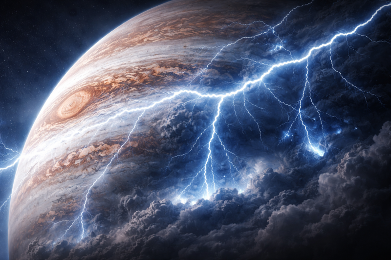 Furtunile de pe Jupiter, mai puternice decât se credea: Cercetătorii au descoperit descărcări electrice de 100 de ori mai intense decât cele de pe Pământ O echipă internațională de cercetători a reușit să măsoare, cu o precizie remarcabilă, intensitatea fulgerelor de pe Jupiter, planeta gigantică din sistemul nostru solar
