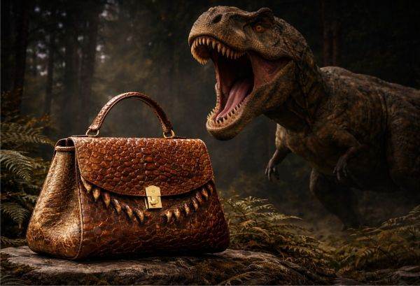O echipă de cercetători și designeri a uimit lumea cu o creație inedită: o geantă realizată din colagen extras din fosile de Tyrannosaurus rex