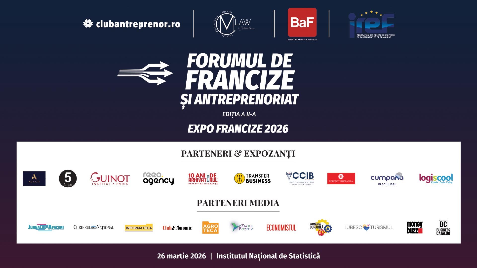 La București a avut loc a doua ediție a Forumului de francize și antreprenoriat Institutul Național de Statistică a găzduit joi, 26 martie 2026, cea de-a doua ediție a Forumului de Francize și Antreprenoriat, un eveniment organizat de Club Antreprenor, CMV Law by Mihaela Mocanu și BaF – Biroul de Afaceri în Franciză