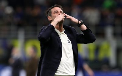 MILAN, ITALY - APRIL 21: Cristian Chivu, Head Coach of FC Internazionale Milano, celebrates after during the Coppa Italia Semi-Final match between FC Internazionale and Como at San Siro on April 21, 2026 in Milan, Italy. (Photo by Marco Luzzani/Getty Images)
