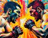 An abstract, expressionist painting in vibrant neon colors, capturing the raw energy and tension of a confrontation between two UFC fighters. The figures are dissolved into unrecognizable splatters, with only the essence of the moment conveyed through the explosive brushstrokes and clashing hues.