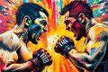 An abstract, expressionist painting in vibrant neon colors, capturing the raw energy and tension of a confrontation between two UFC fighters. The figures are dissolved into unrecognizable splatters, with only the essence of the moment conveyed through the explosive brushstrokes and clashing hues.