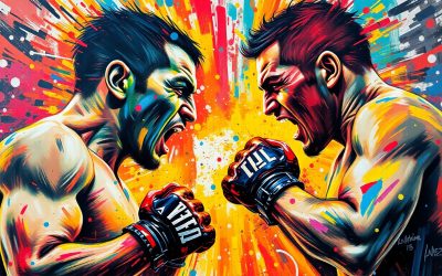 An abstract, expressionist painting in vibrant neon colors, capturing the raw energy and tension of a confrontation between two UFC fighters. The figures are dissolved into unrecognizable splatters, with only the essence of the moment conveyed through the explosive brushstrokes and clashing hues.