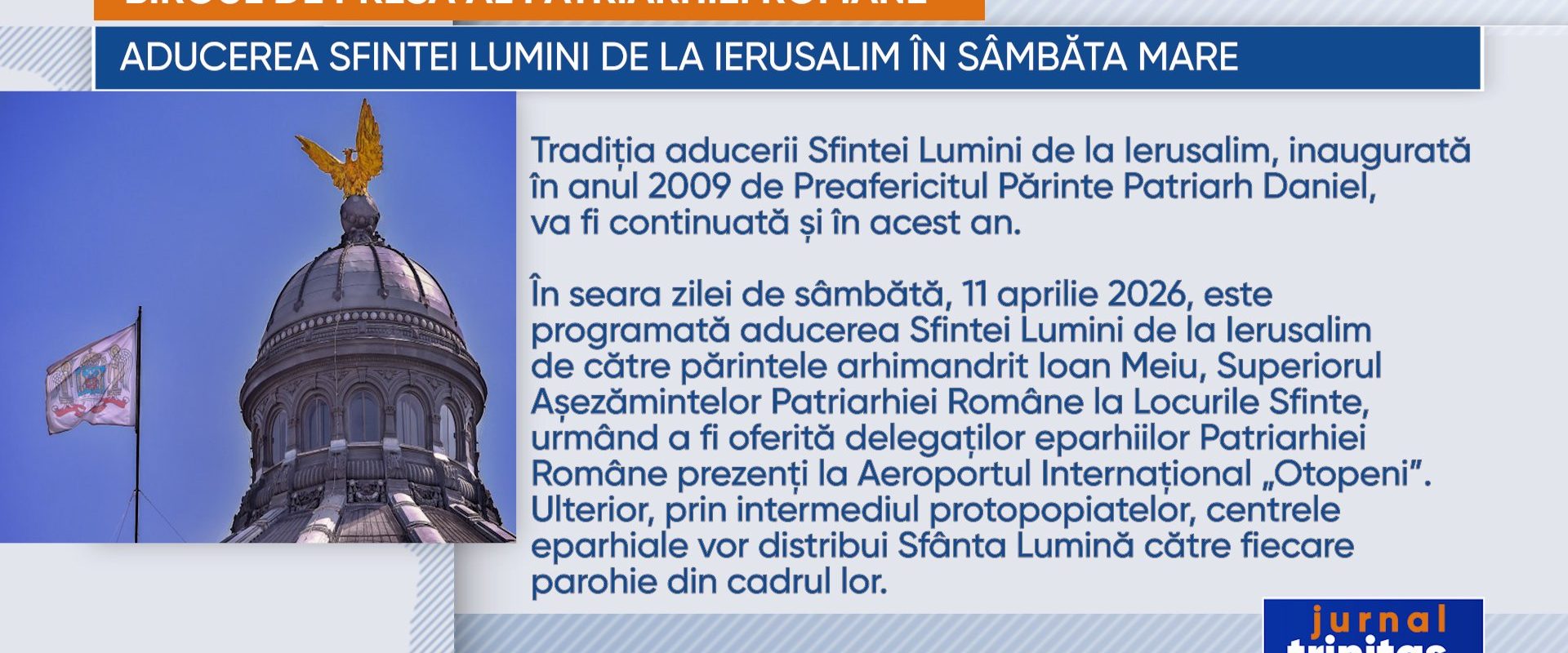 Aducerea Sfintei Lumini de la Ierusalim în Sâmbăta Mare