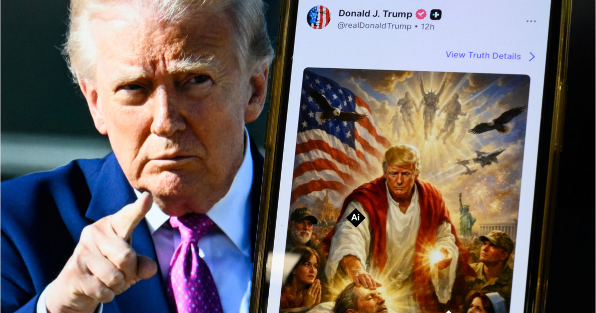 Figura BLASFEMATOARE în colajul cu Trump „Iisus”: Ce e creatura asta