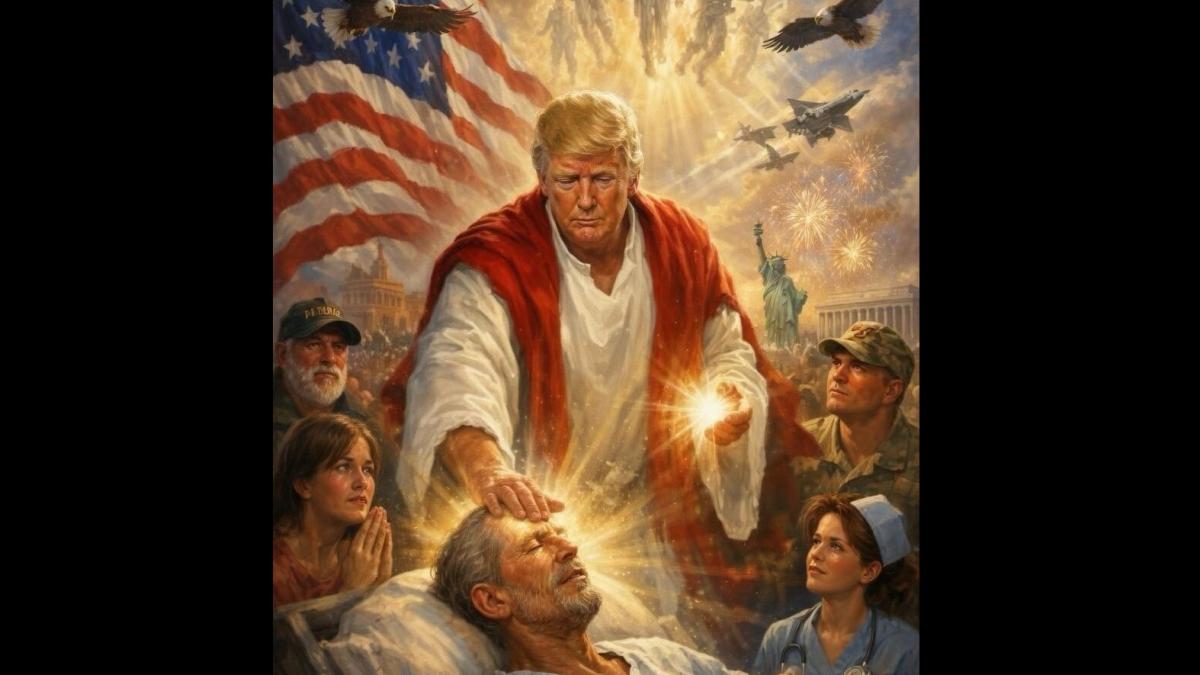 Trump, imagine controversată: Se autoportretează ca Isus, pe fond cu avioane!