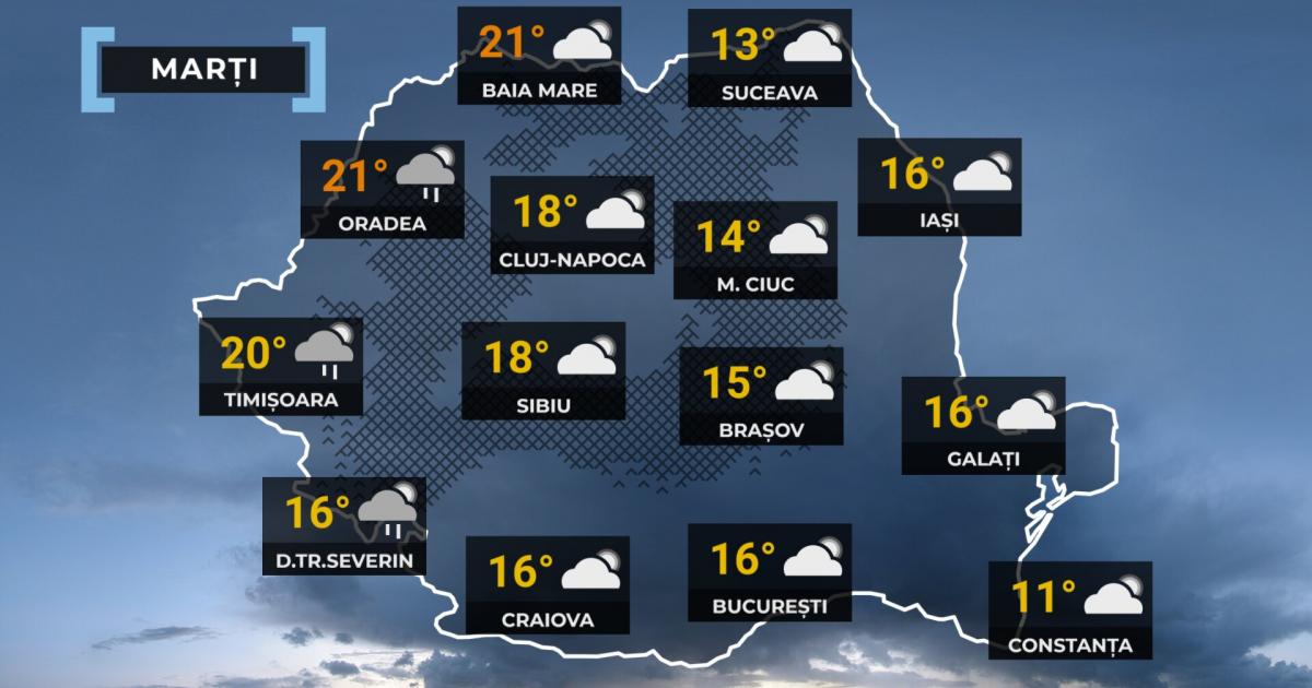 Mâine, 14 aprilie: Ploi și ninsoare la munte. Maxime de 22 de grade