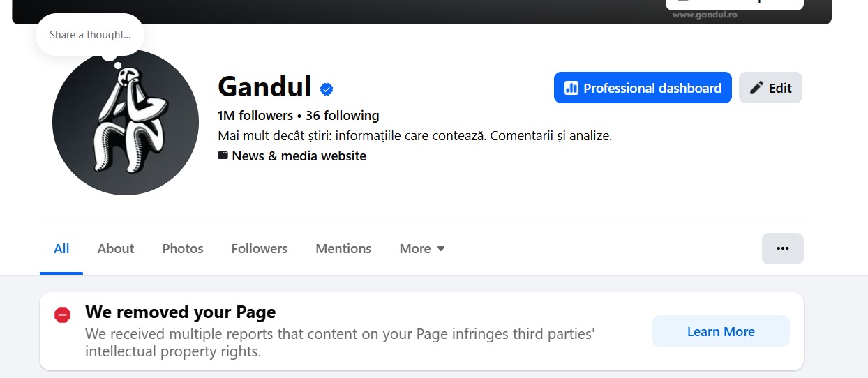 Gândul, victima unui atac? Facebook a scos pagina ziarului cu 1 milion de fani