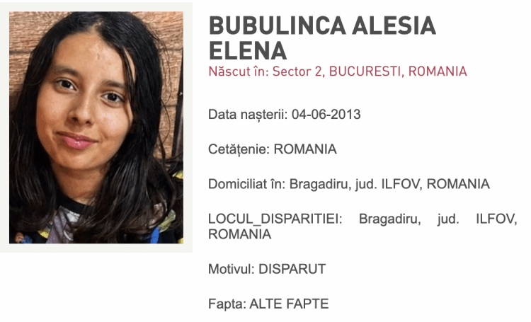 RO-ALERT: Dispărută Alesia-Elena Bubulincă