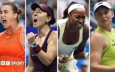 Split image of Aryna Sabalenka, Jessica Pegula, Coco Gauff, Elena Rybakina